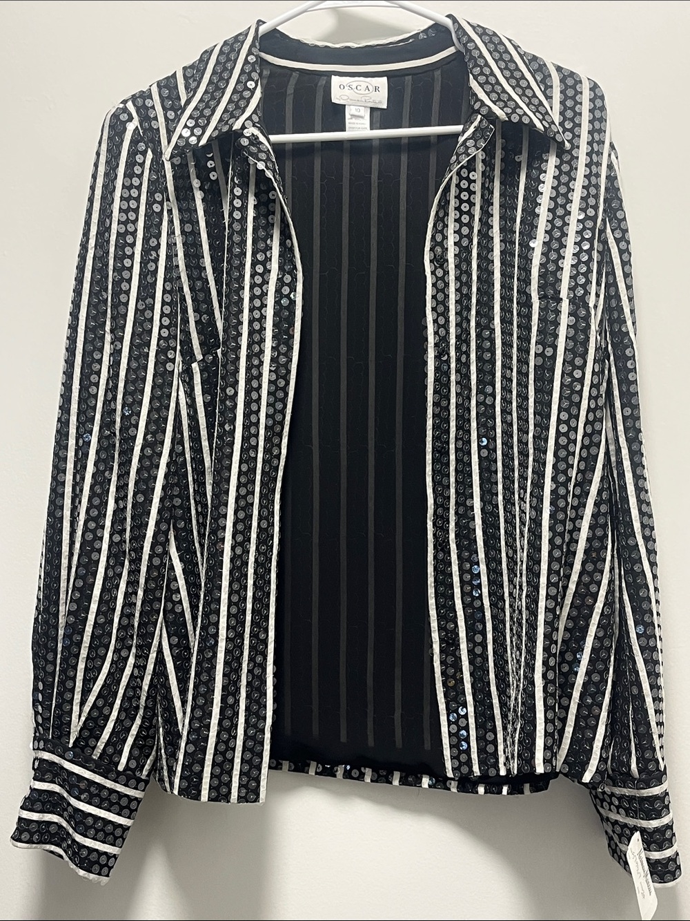 NWT Oscar by Oscar de la Renta Black and White Striped Sequin Shirt Jacket